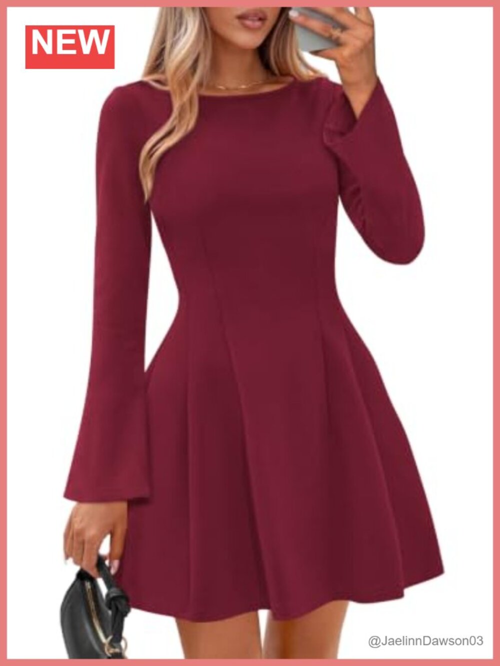 Bell Sleeve Mini Dress Boat Neck A Line Fit Flare Long Sleeve